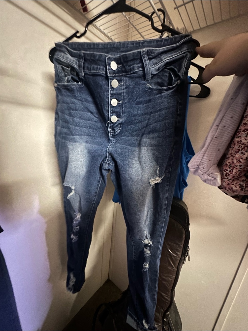 High-Rise Distressed Button-Fly Skinny Jeans - Dark Blue